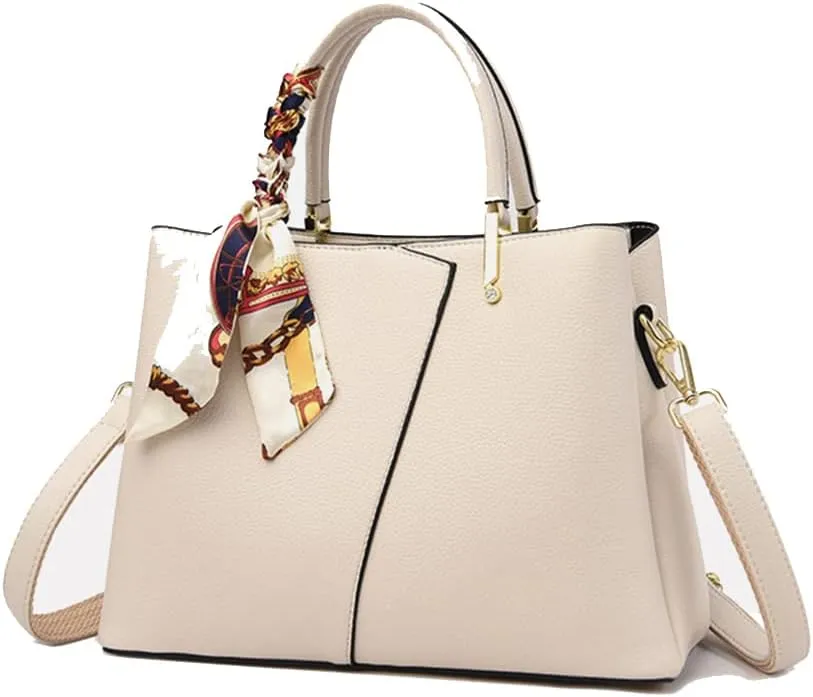 Vegan Leather Satchel Handbag for Women Top Handle Crossbody Bag Fashion Shoulder Bag Tote Large Ladies Purse (White)