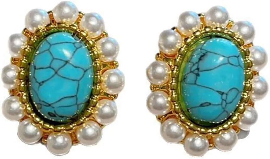 Vintage Oval Blue Turquoise Stud Earrings for Women Pearl Round Studs Earrings Geometry Bohemian Statement Earrings Fashion Ear Jewelry