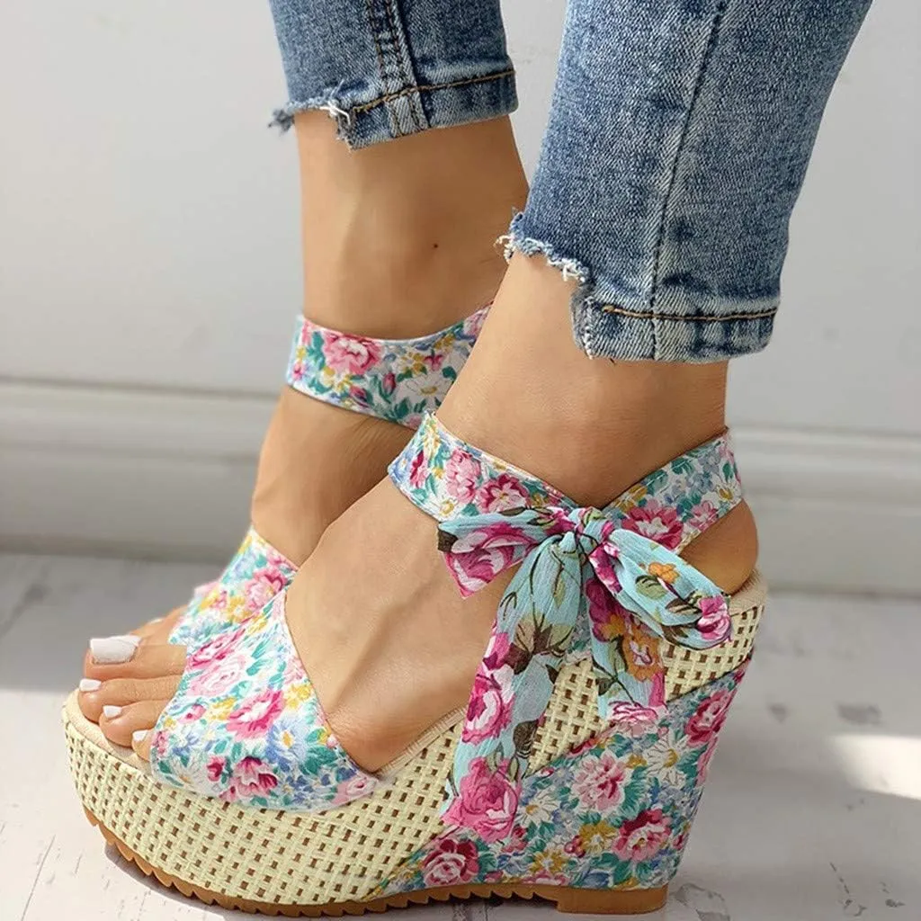 Wedge Platform Sandals Open Toe High Heels Cute Bowknot Ankle Strap Dressy Summer Shoes Wedges Heel Espadrilles Tie Buckle Dress Butterfly Floral Fish Boho Lace-up Espadrille Open-Toe