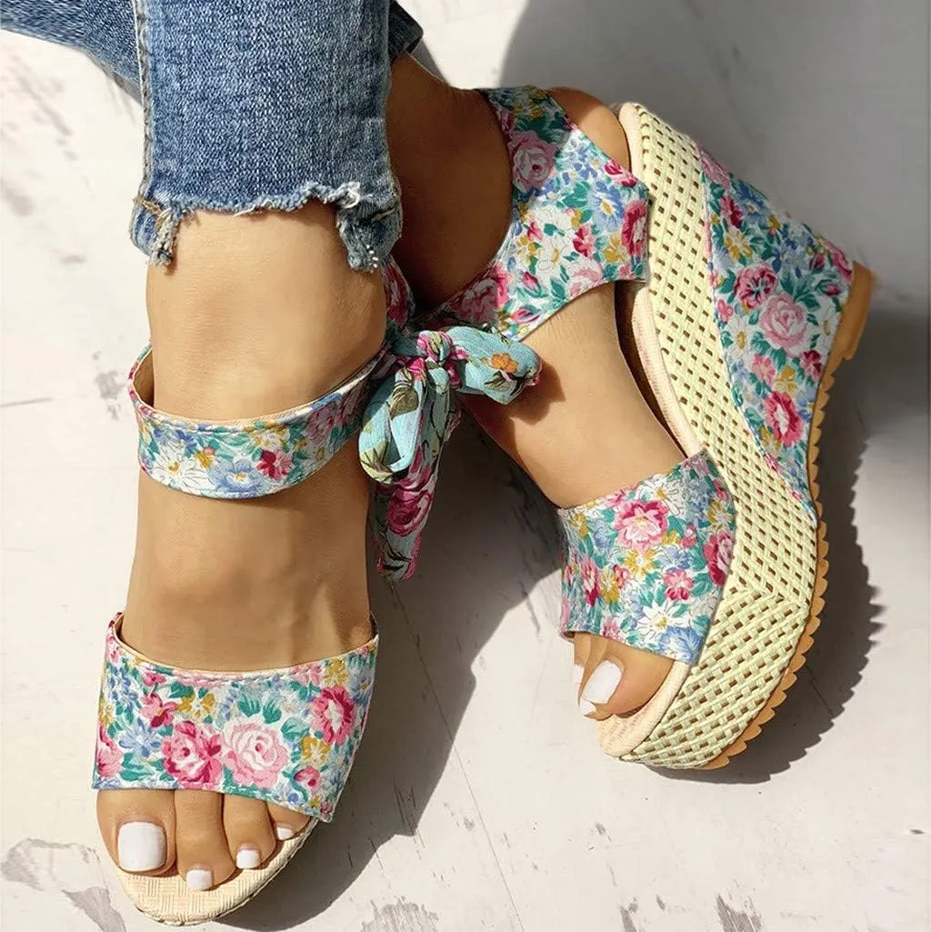 Wedge Platform Sandals Open Toe High Heels Cute Bowknot Ankle Strap Dressy Summer Shoes Wedges Heel Espadrilles Tie Buckle Dress Butterfly Floral Fish Boho Lace-up Espadrille Open-Toe