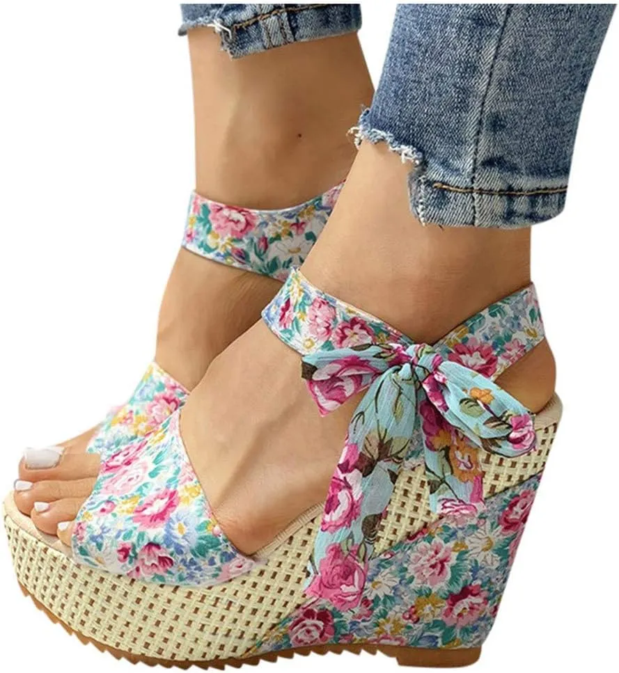 Wedge Platform Sandals Open Toe High Heels Cute Bowknot Ankle Strap Dressy Summer Shoes Wedges Heel Espadrilles Tie Buckle Dress Butterfly Floral Fish Boho Lace-up Espadrille Open-Toe