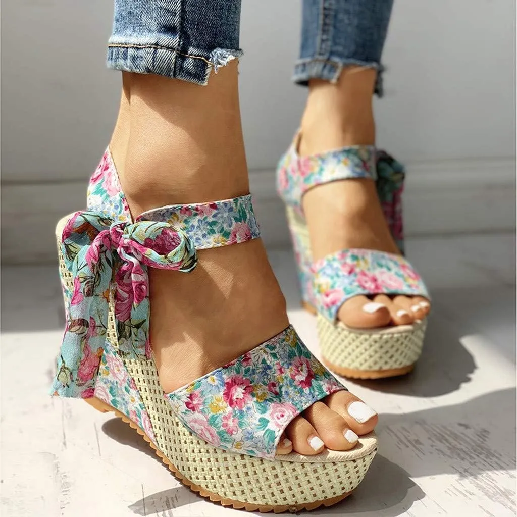 Wedge Platform Sandals Open Toe High Heels Cute Bowknot Ankle Strap Dressy Summer Shoes Wedges Heel Espadrilles Tie Buckle Dress Butterfly Floral Fish Boho Lace-up Espadrille Open-Toe