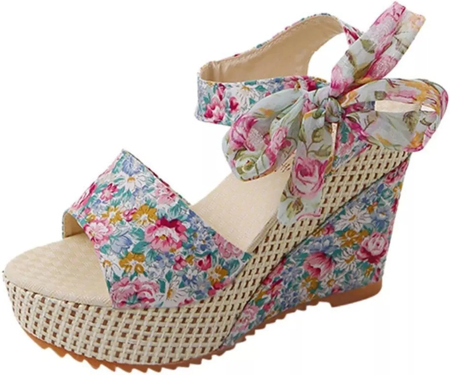Wedge Platform Sandals Open Toe High Heels Cute Bowknot Ankle Strap Dressy Summer Shoes Wedges Heel Espadrilles Tie Buckle Dress Butterfly Floral Fish Boho Lace-up Espadrille Open-Toe