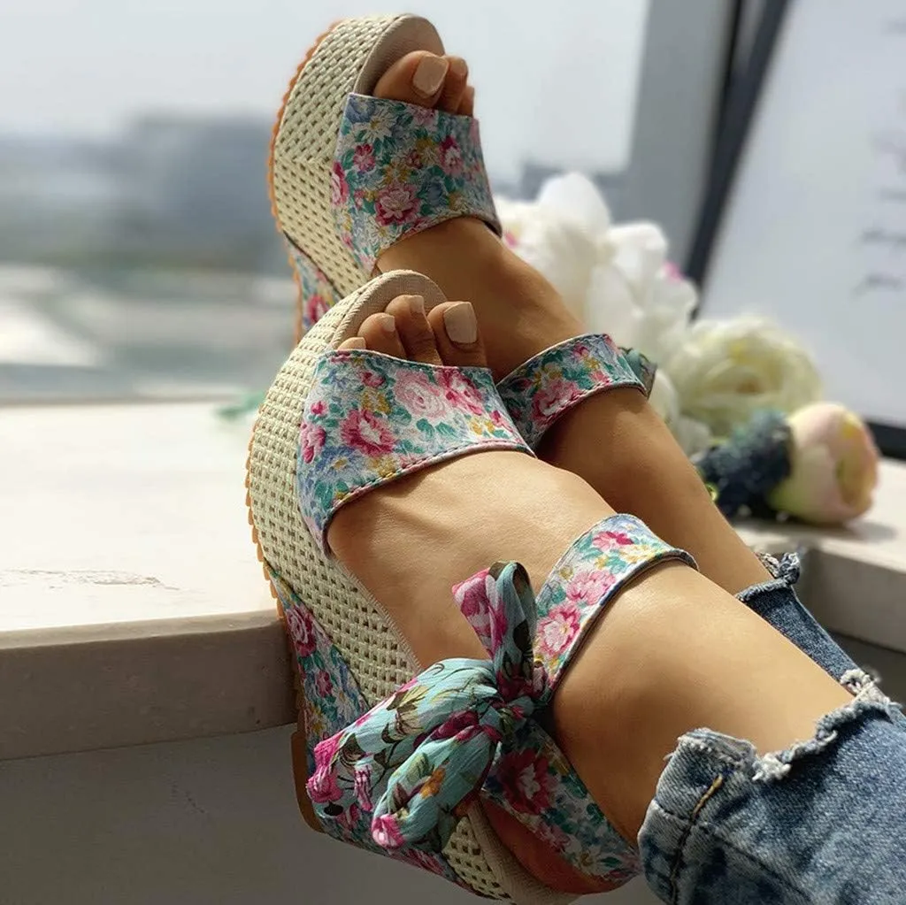 Wedge Platform Sandals Open Toe High Heels Cute Bowknot Ankle Strap Dressy Summer Shoes Wedges Heel Espadrilles Tie Buckle Dress Butterfly Floral Fish Boho Lace-up Espadrille Open-Toe