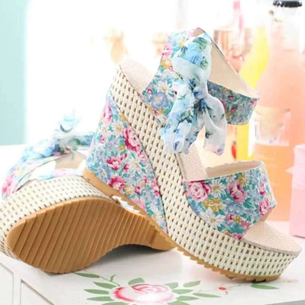 Wedge Platform Sandals Open Toe High Heels Cute Bowknot Ankle Strap Dressy Summer Shoes Wedges Heel Espadrilles Tie Buckle Dress Butterfly Floral Fish Boho Lace-up Espadrille Open-Toe