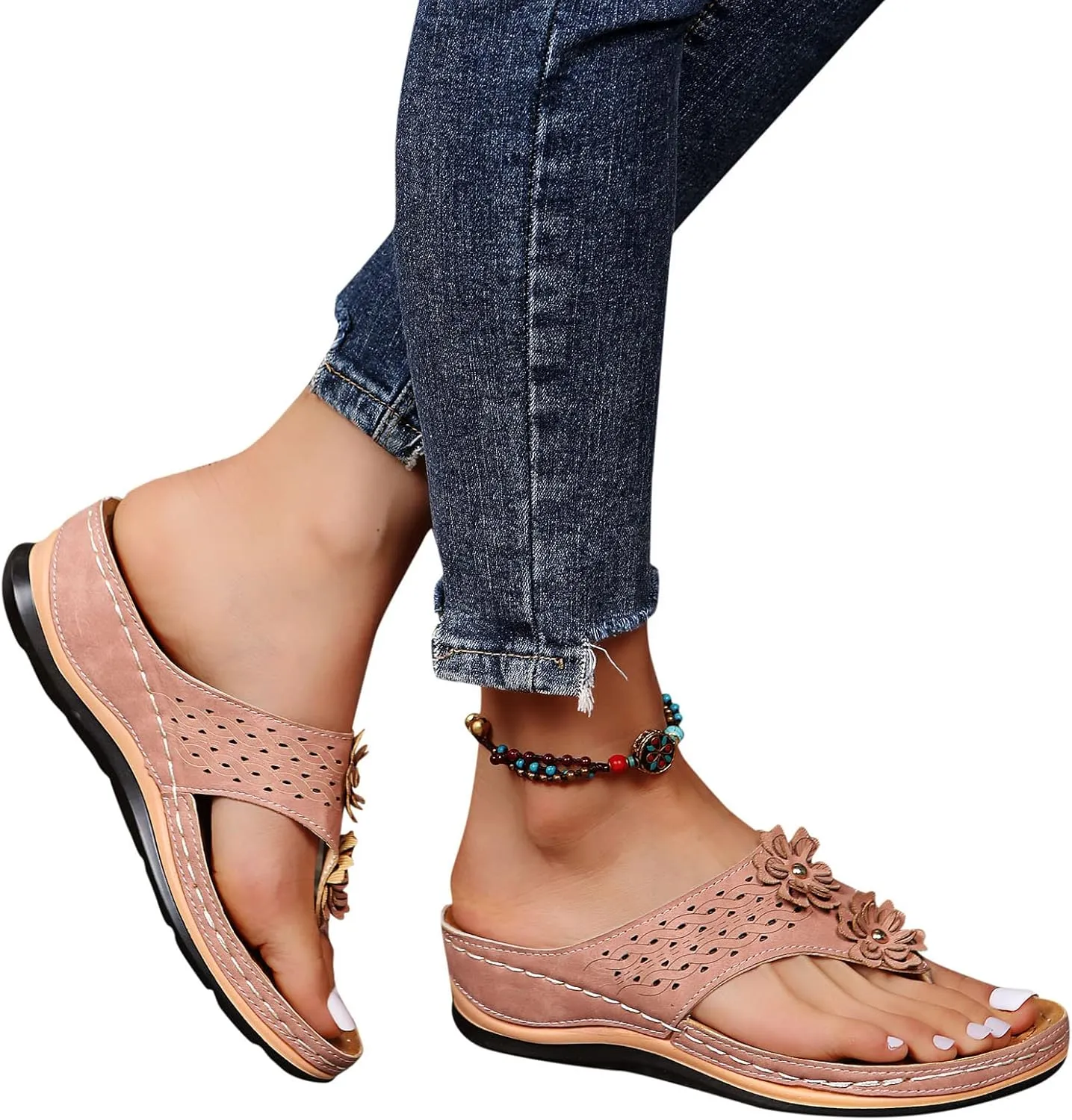 Wedge Sandals for Women 2024 Comfy Slider Flat Toe Sandals Summer Support T Flops Bottomed Slip Strap Women On With Arch