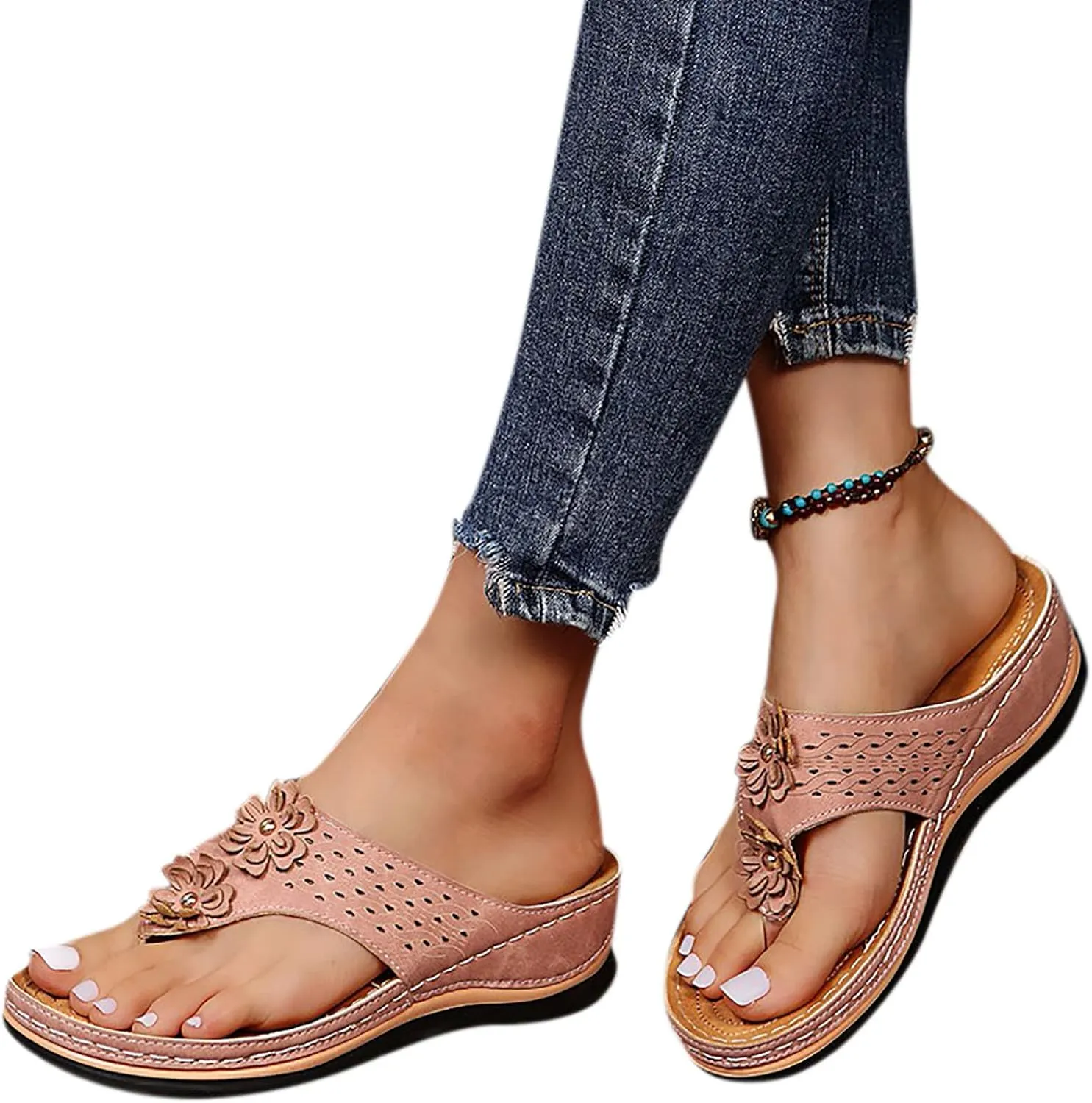 Wedge Sandals for Women 2024 Comfy Slider Flat Toe Sandals Summer Support T Flops Bottomed Slip Strap Women On With Arch