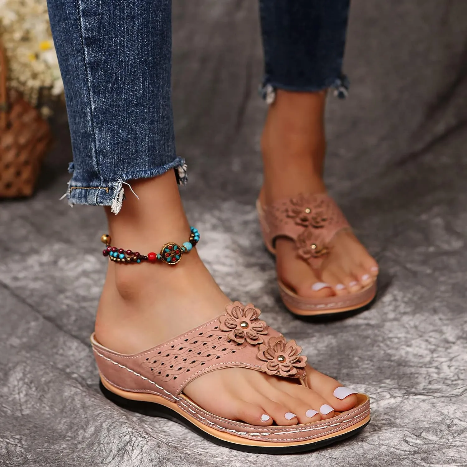 Wedge Sandals for Women 2024 Comfy Slider Flat Toe Sandals Summer Support T Flops Bottomed Slip Strap Women On With Arch