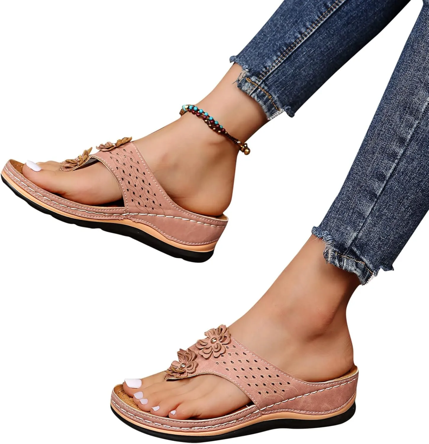 Wedge Sandals for Women 2024 Comfy Slider Flat Toe Sandals Summer Support T Flops Bottomed Slip Strap Women On With Arch