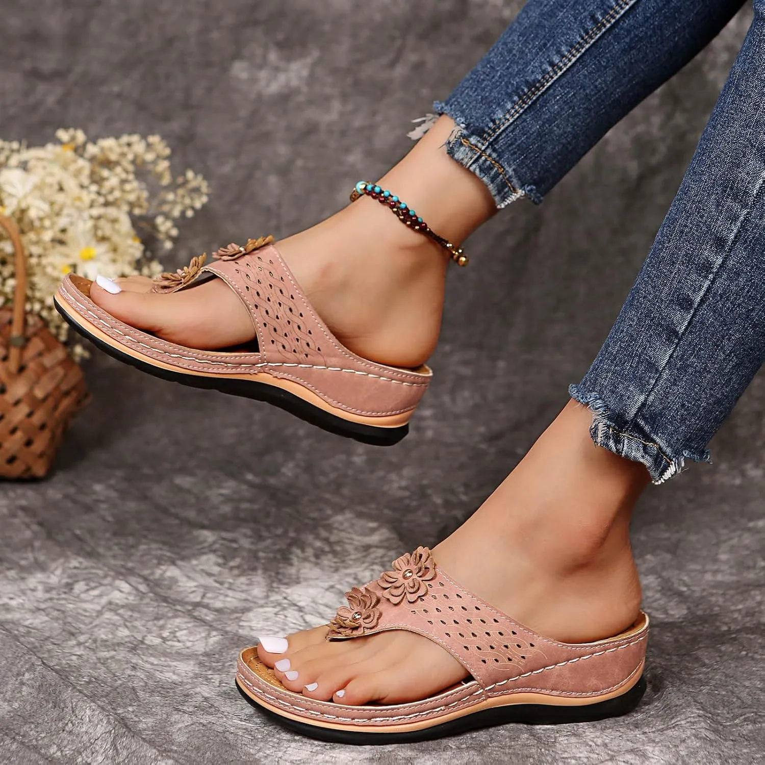 Wedge Sandals for Women 2024 Comfy Slider Flat Toe Sandals Summer Support T Flops Bottomed Slip Strap Women On With Arch