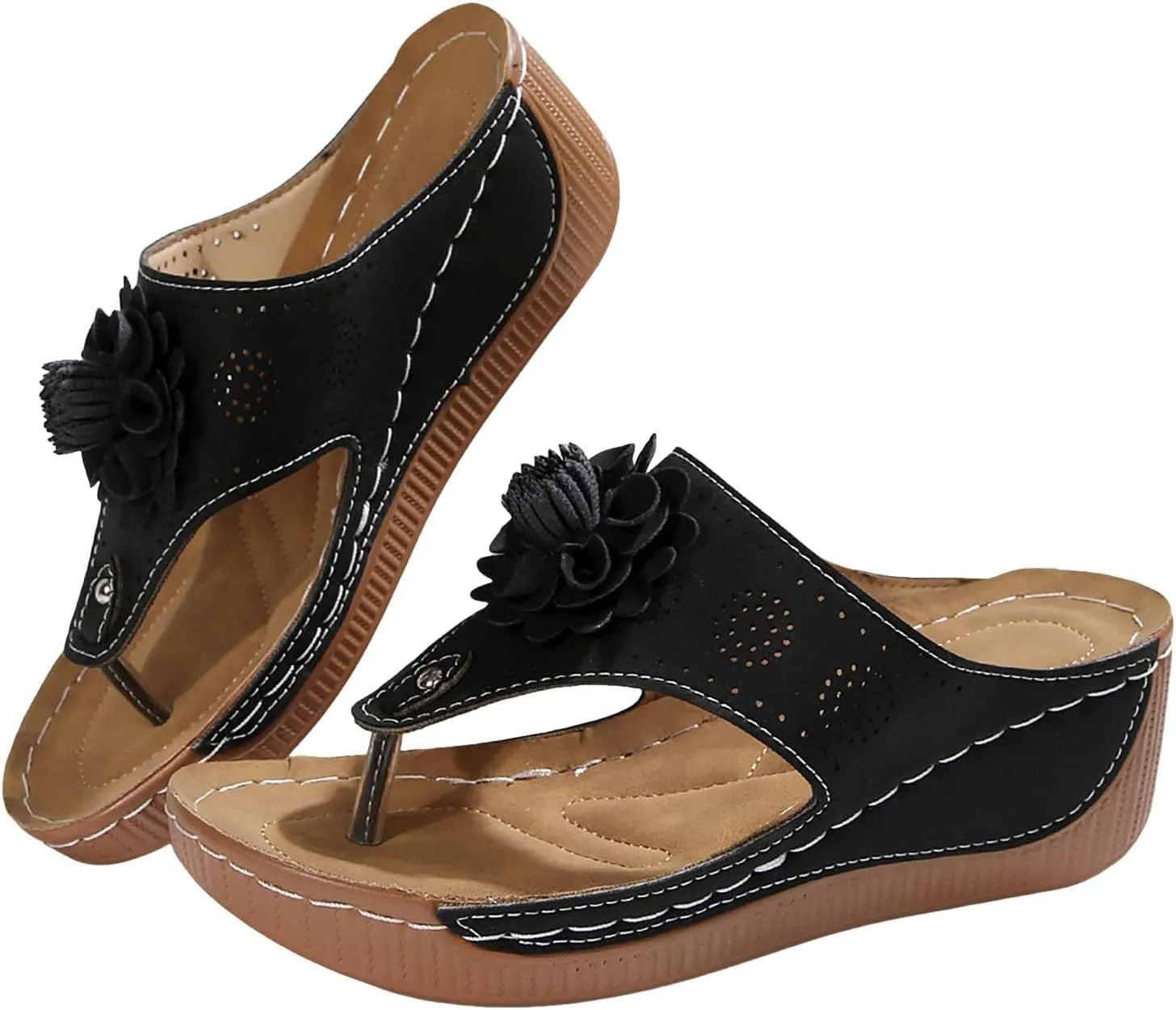 Wedge Sandals for Women Summer Dressy 2025 Womens Flower Design Wedges Sandal Flat Open Toe Platform Shoes Casual Boho Slip on Beach Walking Sandals Slippers