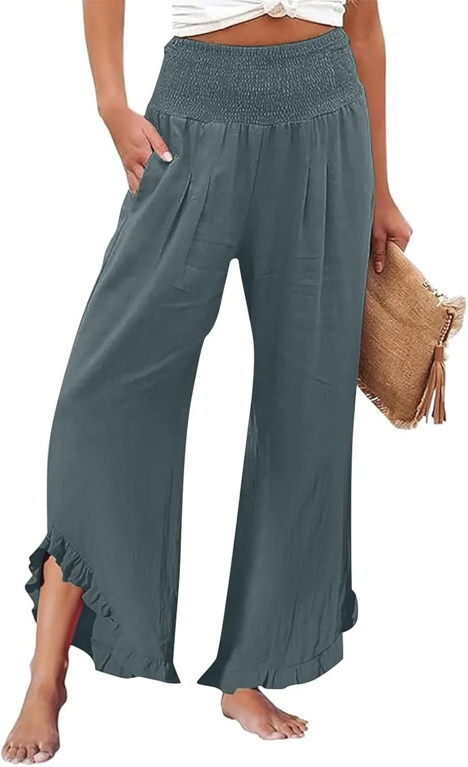 Wide Leg Linen Pants Womens Smocked High Waisted Ruffle Hem Palazzo Pants 2025 Summer Boho Beach Travel Vacation Pant
