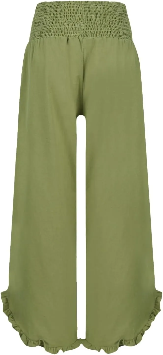 Wide Leg Linen Pants Womens Smocked High Waisted Ruffle Hem Palazzo Pants 2025 Summer Boho Beach Travel Vacation Pant