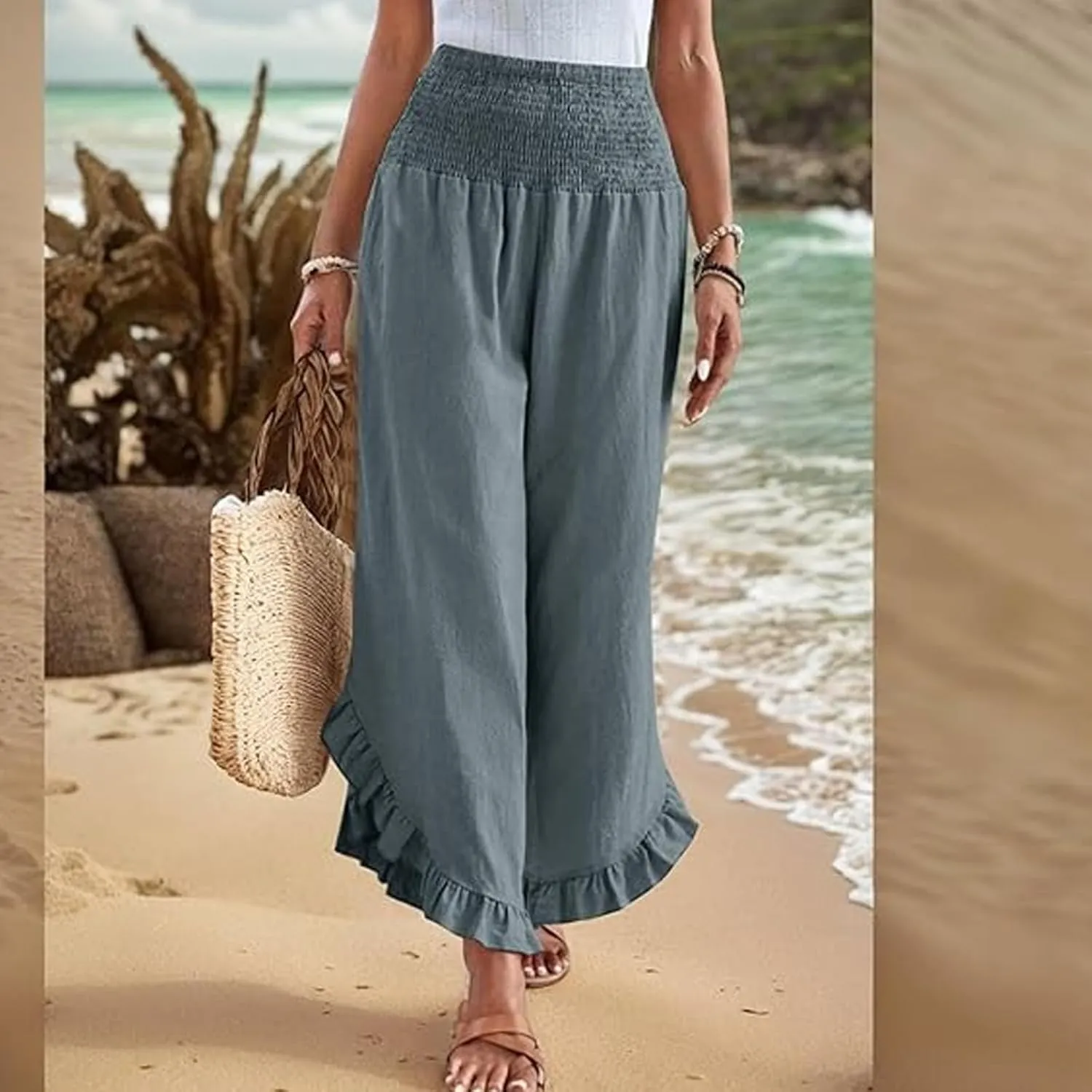 Wide Leg Linen Pants Womens Smocked High Waisted Ruffle Hem Palazzo Pants 2025 Summer Boho Beach Travel Vacation Pant