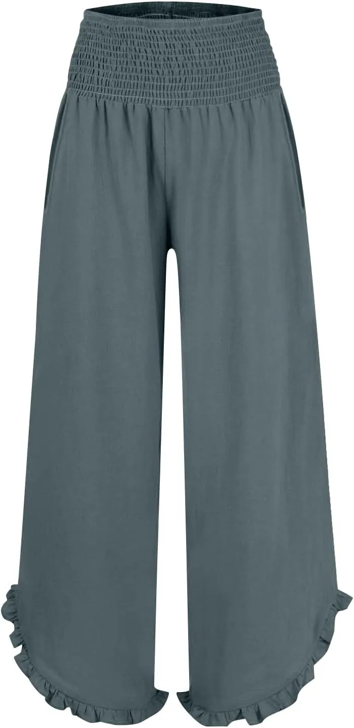 Wide Leg Linen Pants Womens Smocked High Waisted Ruffle Hem Palazzo Pants 2025 Summer Boho Beach Travel Vacation Pant