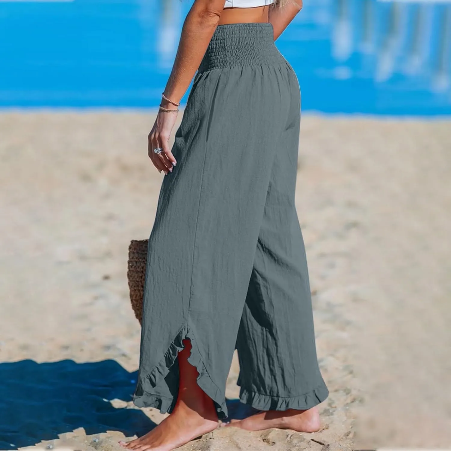 Wide Leg Linen Pants Womens Smocked High Waisted Ruffle Hem Palazzo Pants 2025 Summer Boho Beach Travel Vacation Pant