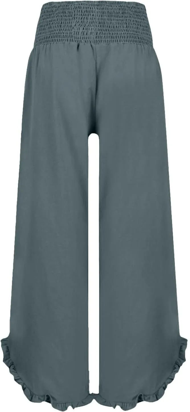 Wide Leg Linen Pants Womens Smocked High Waisted Ruffle Hem Palazzo Pants 2025 Summer Boho Beach Travel Vacation Pant