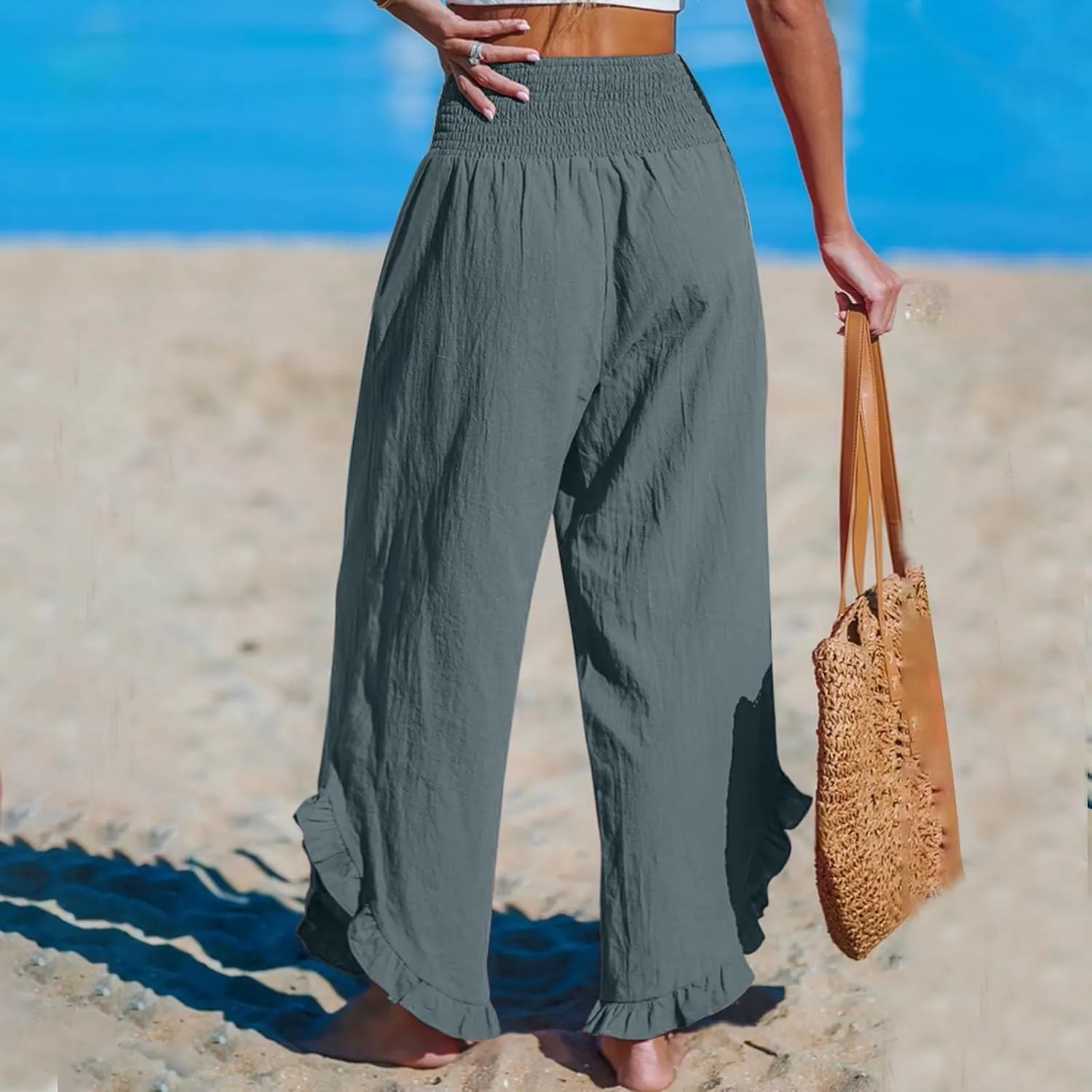 Wide Leg Linen Pants Womens Smocked High Waisted Ruffle Hem Palazzo Pants 2025 Summer Boho Beach Travel Vacation Pant