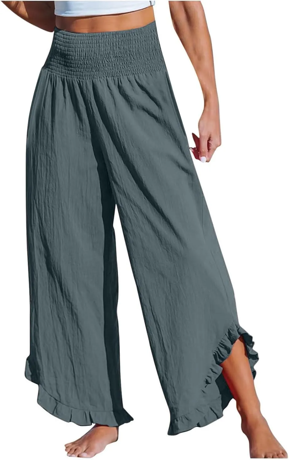 Wide Leg Linen Pants Womens Smocked High Waisted Ruffle Hem Palazzo Pants 2025 Summer Boho Beach Travel Vacation Pant