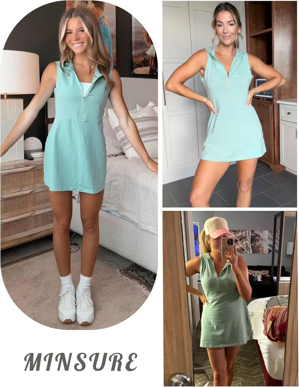 Women Athletic Tennis Dress Sleeveless Half Zip Hooded Workout Mini Dress with Shorts