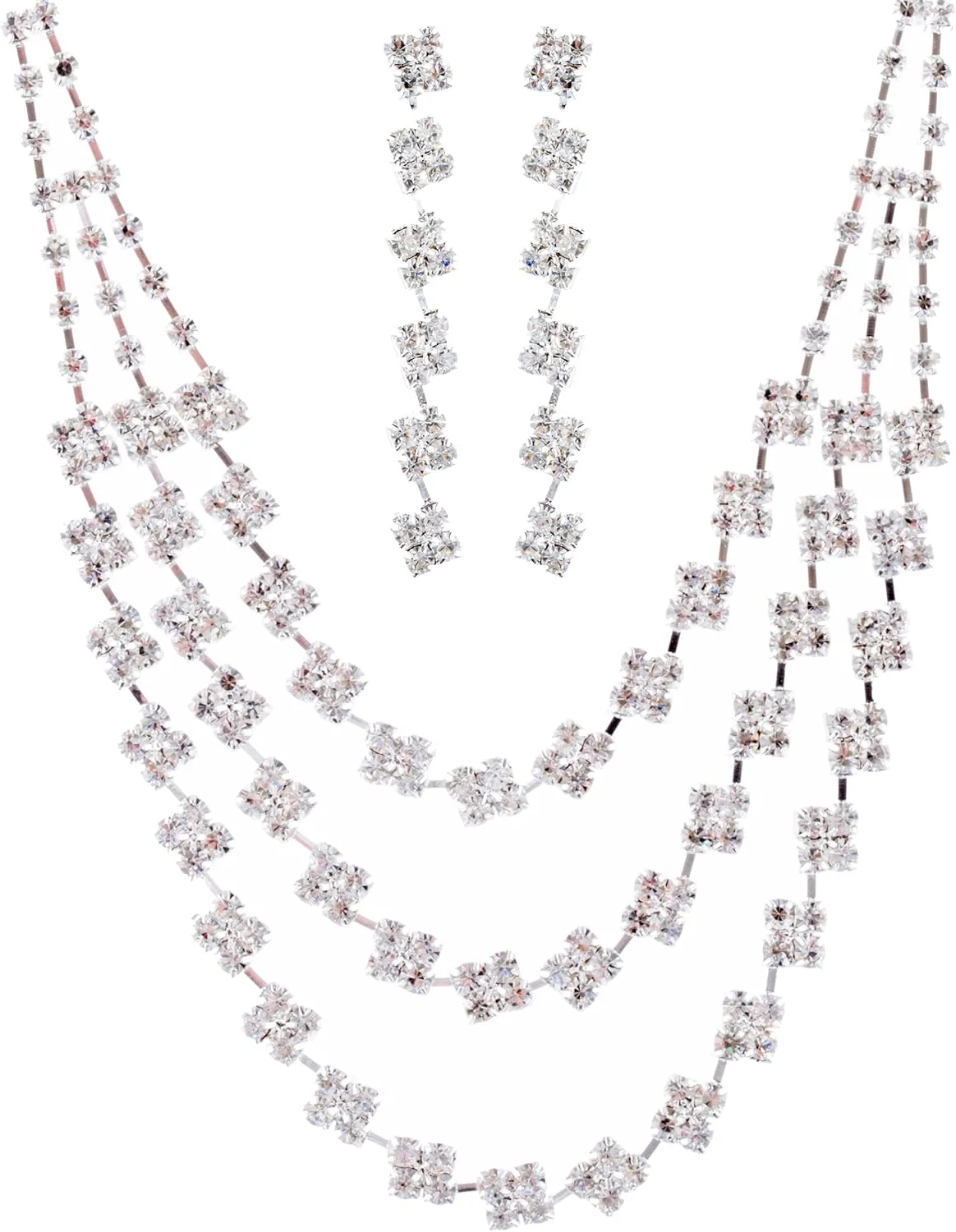 Women Bridal Wedding Jewelry Crystal Rhinestone Layered Links Necklace Set J664 Silver