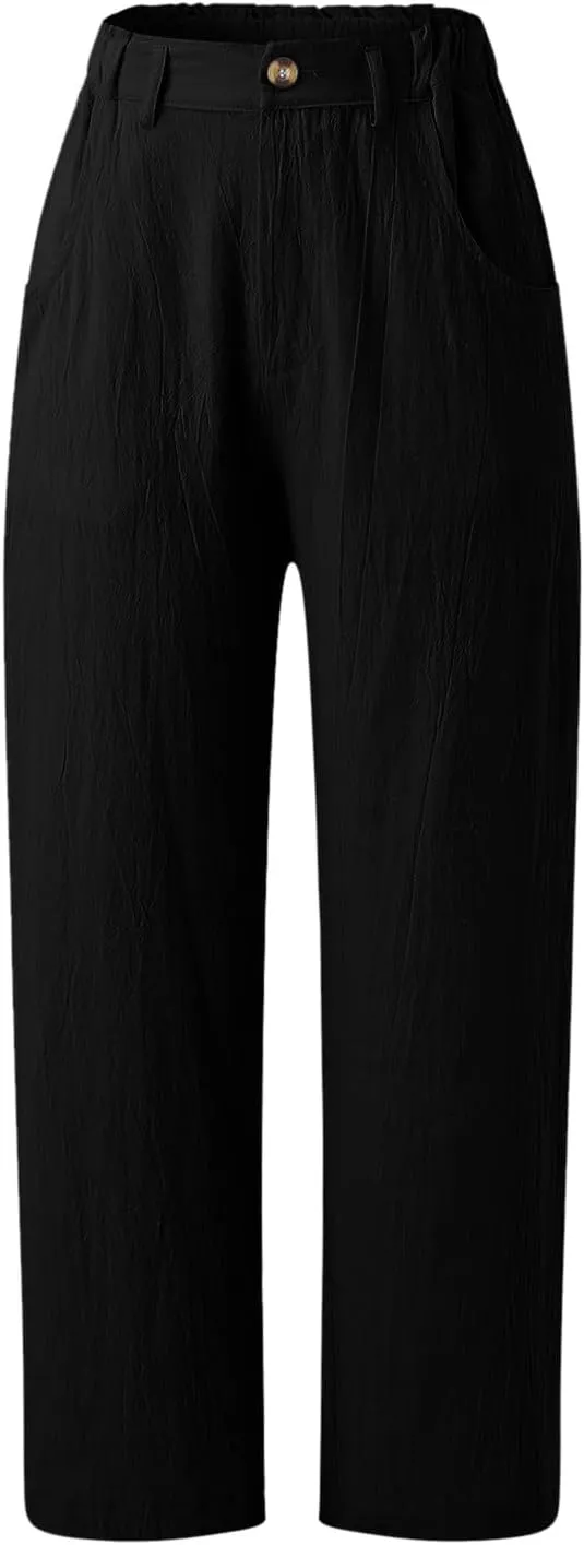Women Capri Pants Summer Trendy Linen Cropped Trousers with Pockets Wide Leg Loose Lightweight Beach Casual Capris