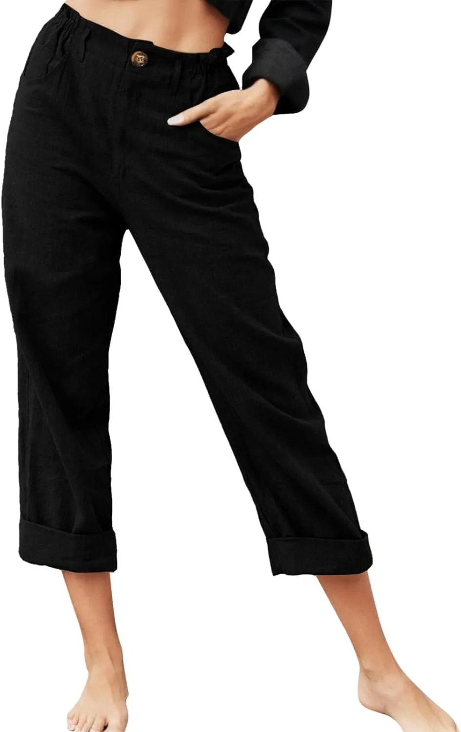 Women Capri Pants Summer Trendy Linen Cropped Trousers with Pockets Wide Leg Loose Lightweight Beach Casual Capris