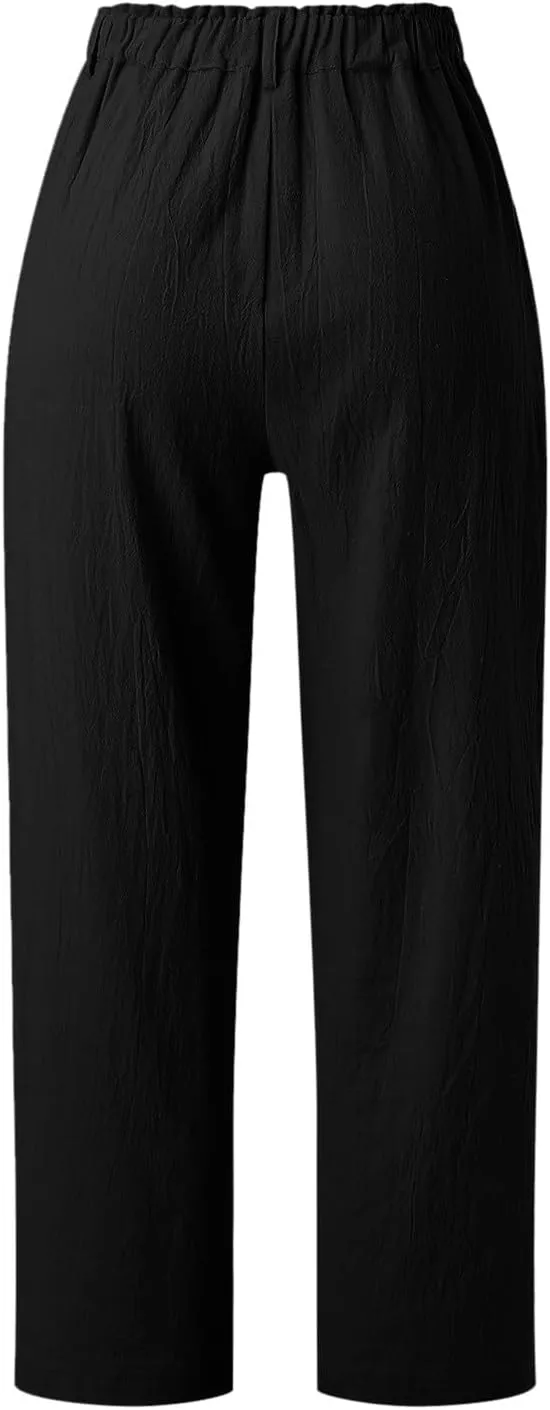 Women Capri Pants Summer Trendy Linen Cropped Trousers with Pockets Wide Leg Loose Lightweight Beach Casual Capris