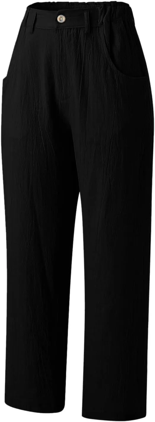 Women Capri Pants Summer Trendy Linen Cropped Trousers with Pockets Wide Leg Loose Lightweight Beach Casual Capris