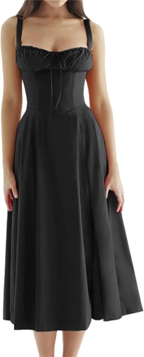 Women Fashion Summer Dress Sleeveless Smocked Midi Dress Long Tiered Maxi Dress Flowy Ruffle Beach Boho Dress