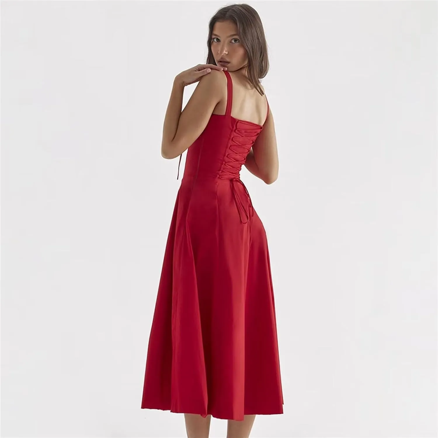 Women Fashion Summer Dress Sleeveless Smocked Midi Dress Long Tiered Maxi Dress Flowy Ruffle Beach Boho Dress