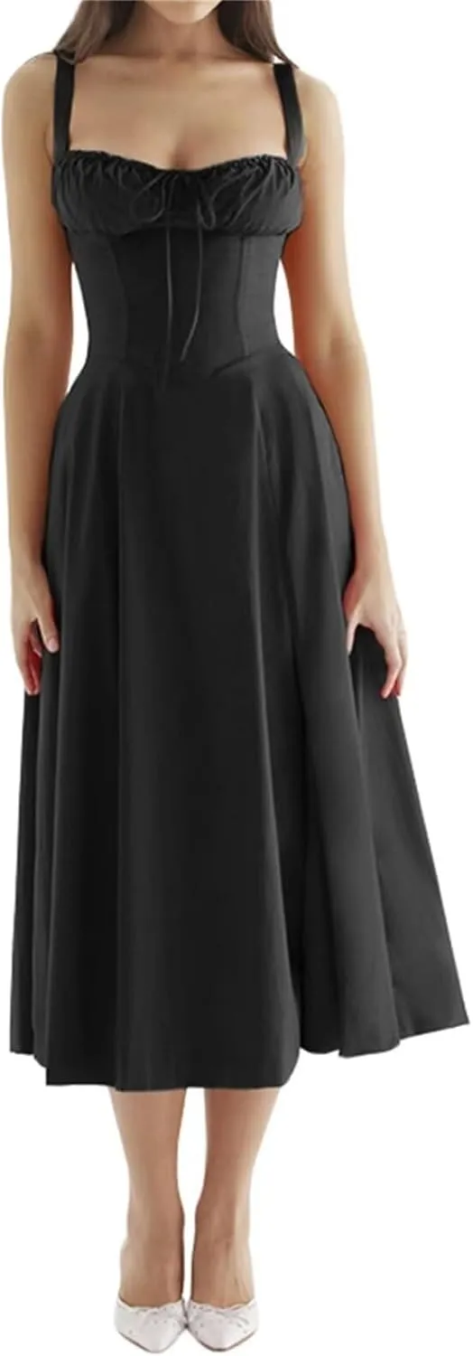 Women Fashion Summer Dress Sleeveless Smocked Midi Dress Long Tiered Maxi Dress Flowy Ruffle Beach Boho Dress