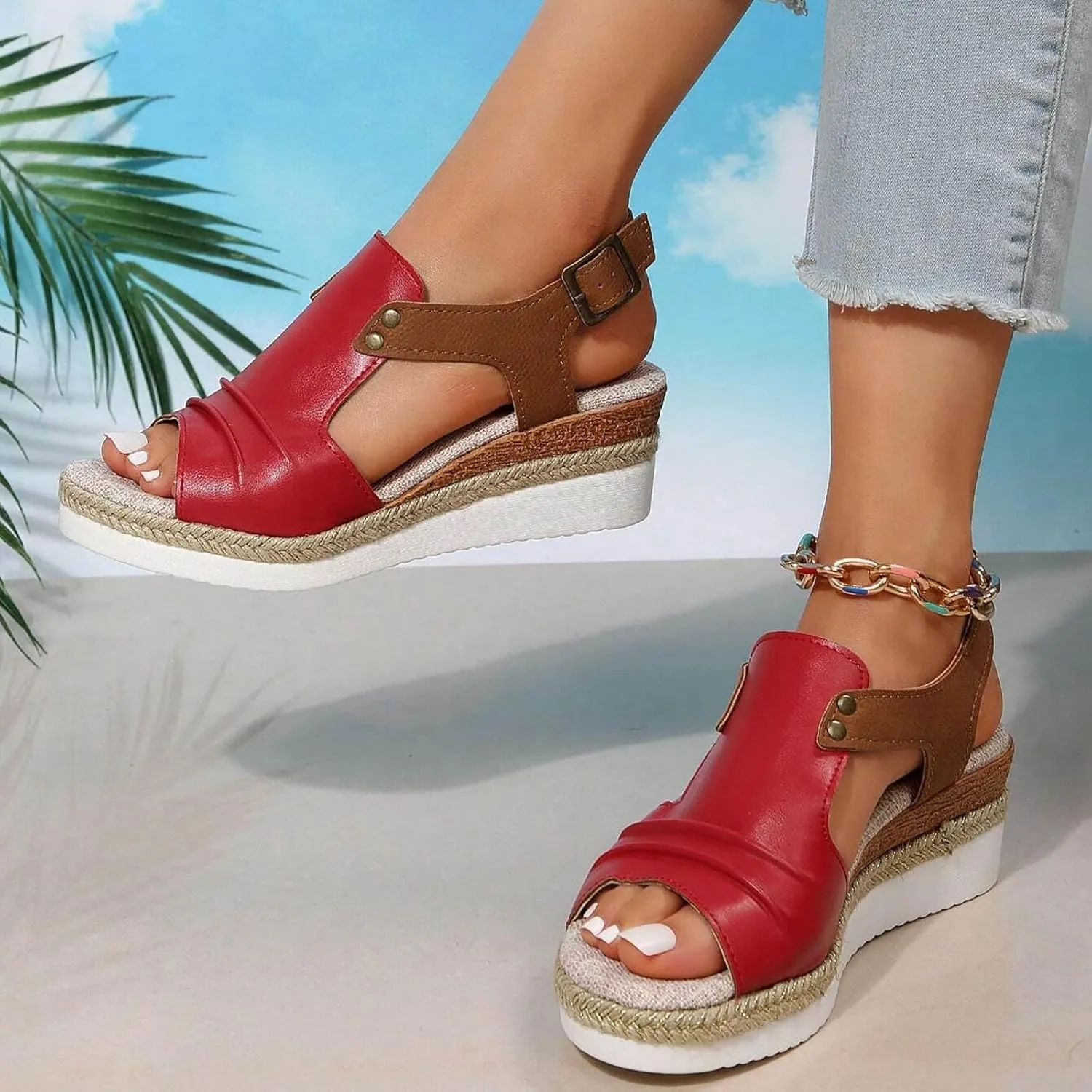 Women Ladies Open Toe Slingback Sandals Vacation Bohemian Shoes Wedge Sketches Sandals
