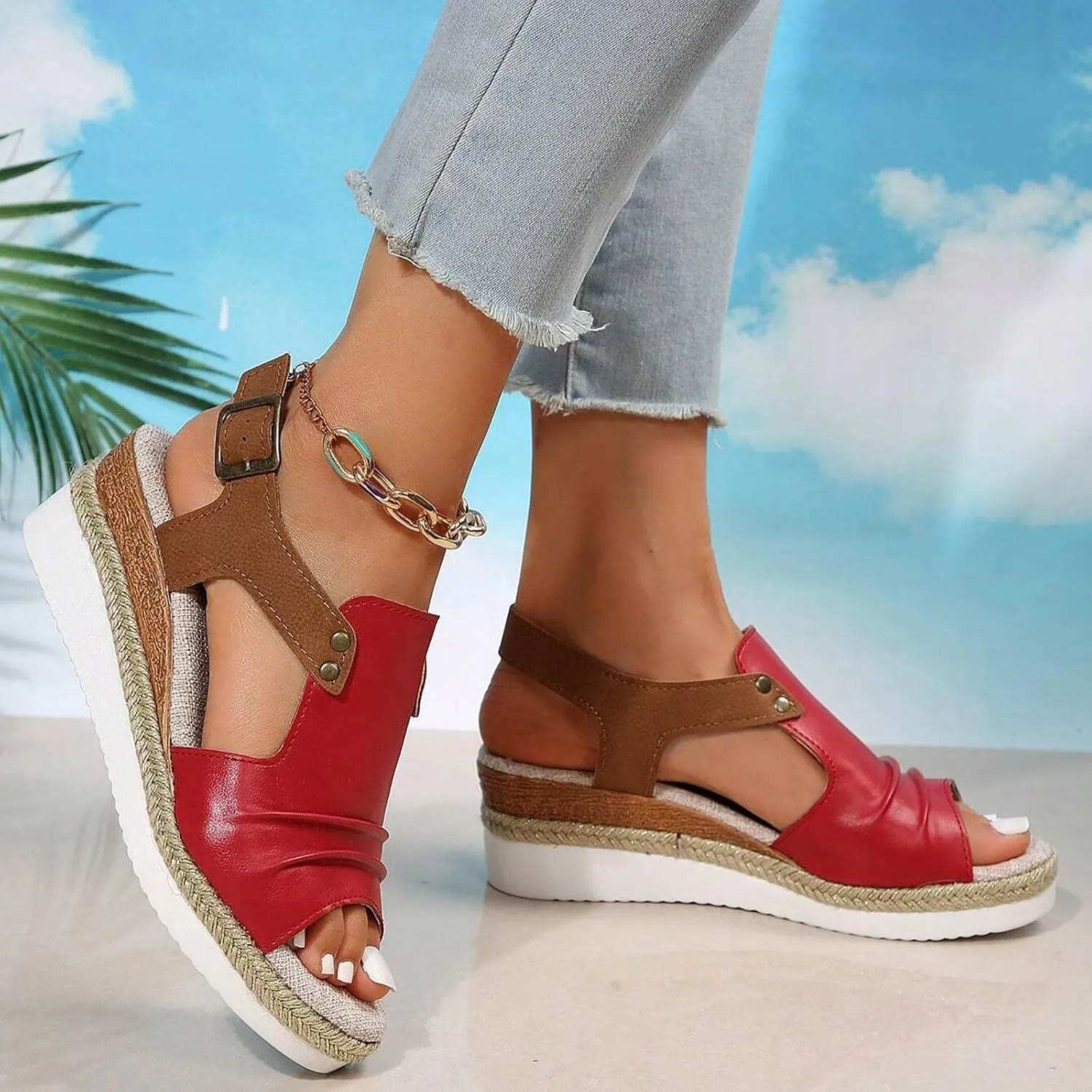 Women Ladies Open Toe Slingback Sandals Vacation Bohemian Shoes Wedge Sketches Sandals