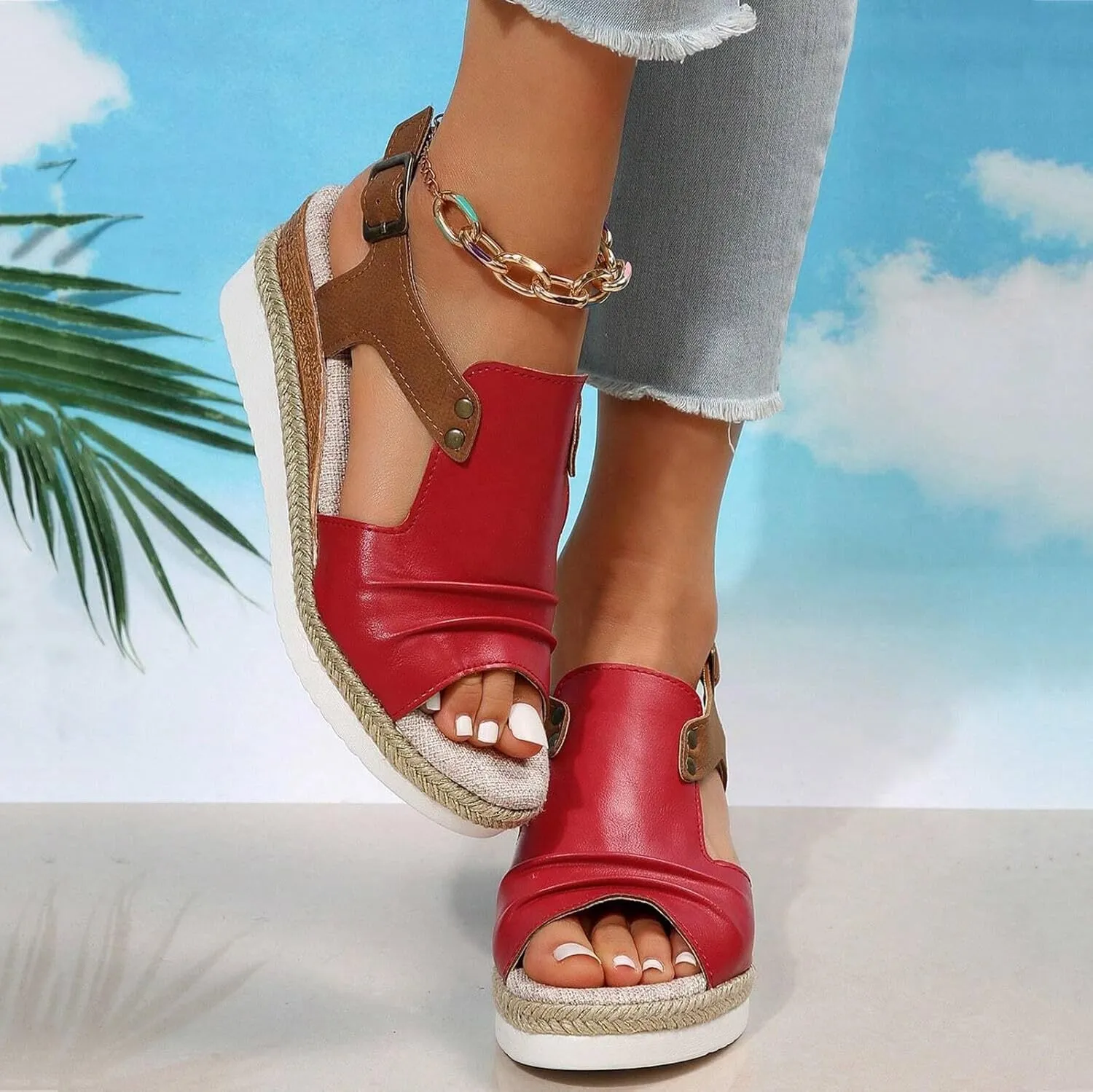 Women Ladies Open Toe Slingback Sandals Vacation Bohemian Shoes Wedge Sketches Sandals
