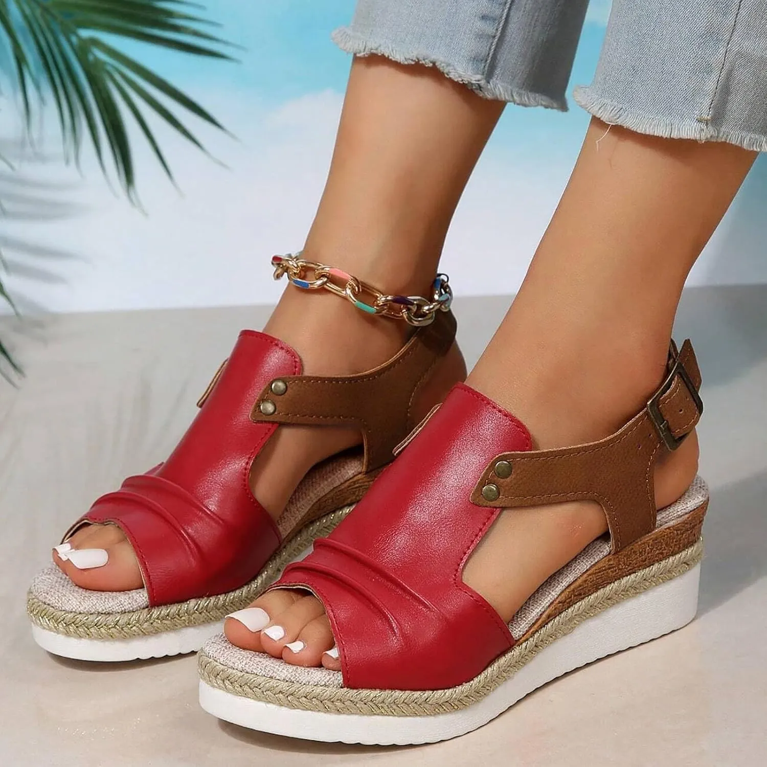 Women Ladies Open Toe Slingback Sandals Vacation Bohemian Shoes Wedge Sketches Sandals