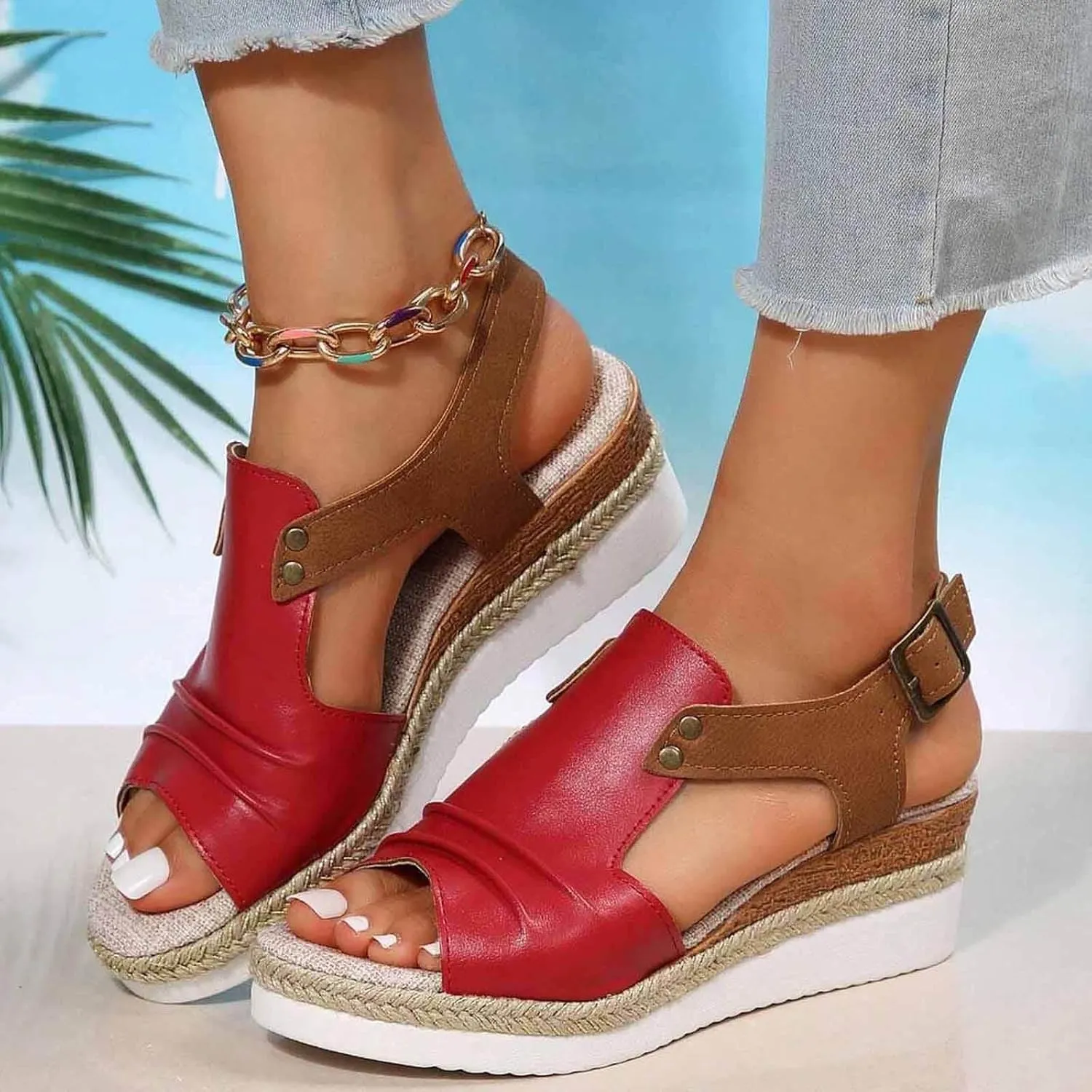 Women Ladies Open Toe Slingback Sandals Vacation Bohemian Shoes Wedge Sketches Sandals