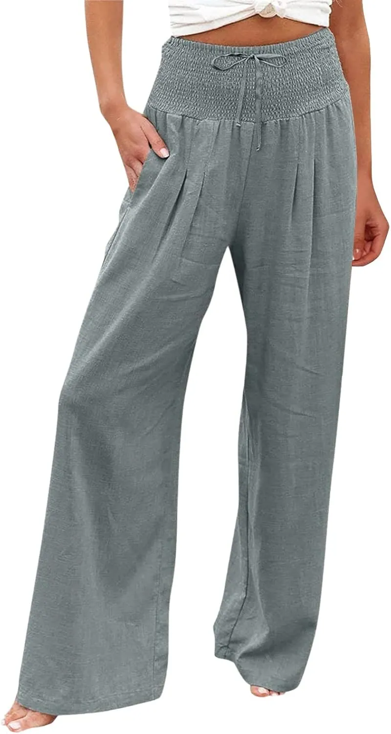 Women Linen Palazzo Pants Summer Boho Wide Leg High Waisted Casual Long Lounge Pants Beach Travel Vacation Trousers