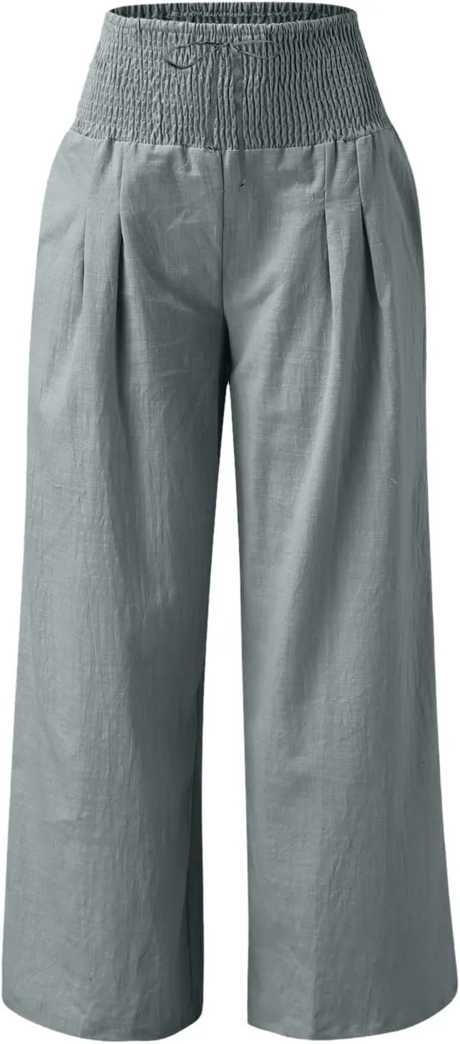 Women Linen Palazzo Pants Summer Boho Wide Leg High Waisted Casual Long Lounge Pants Beach Travel Vacation Trousers