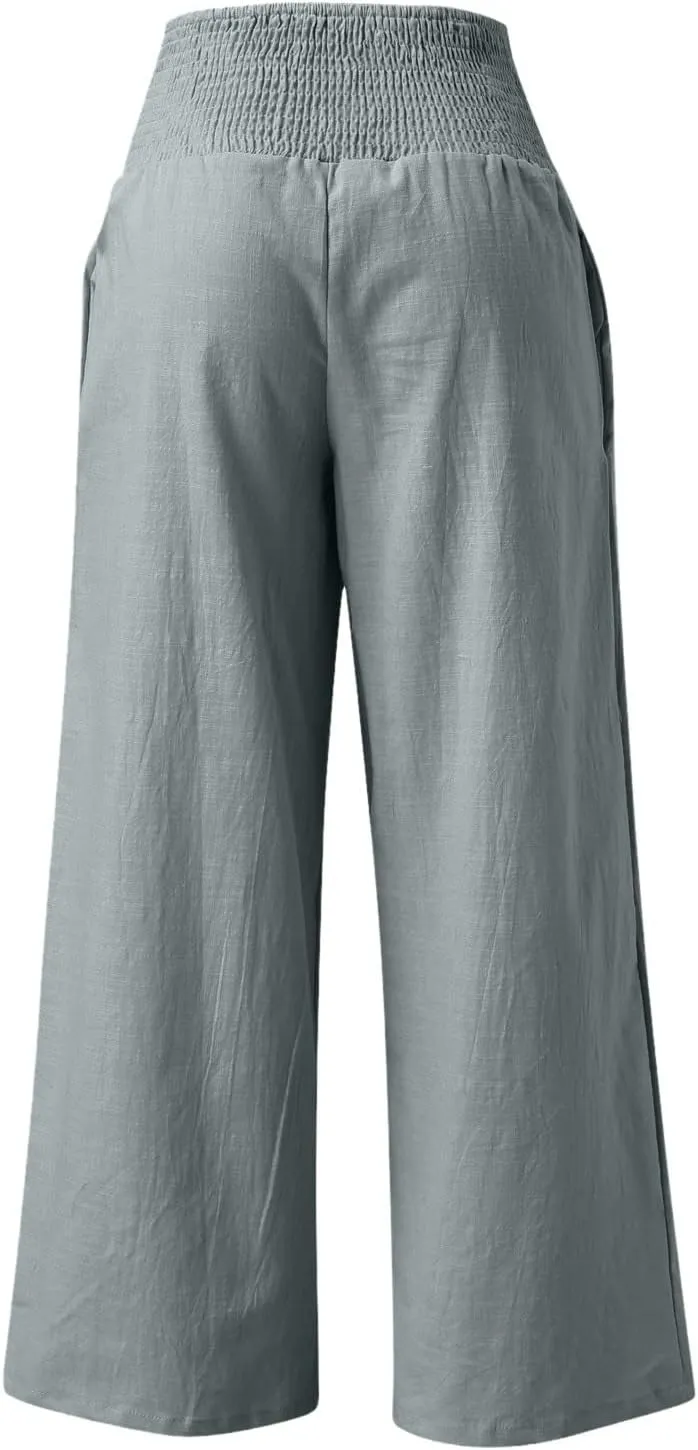 Women Linen Palazzo Pants Summer Boho Wide Leg High Waisted Casual Long Lounge Pants Beach Travel Vacation Trousers