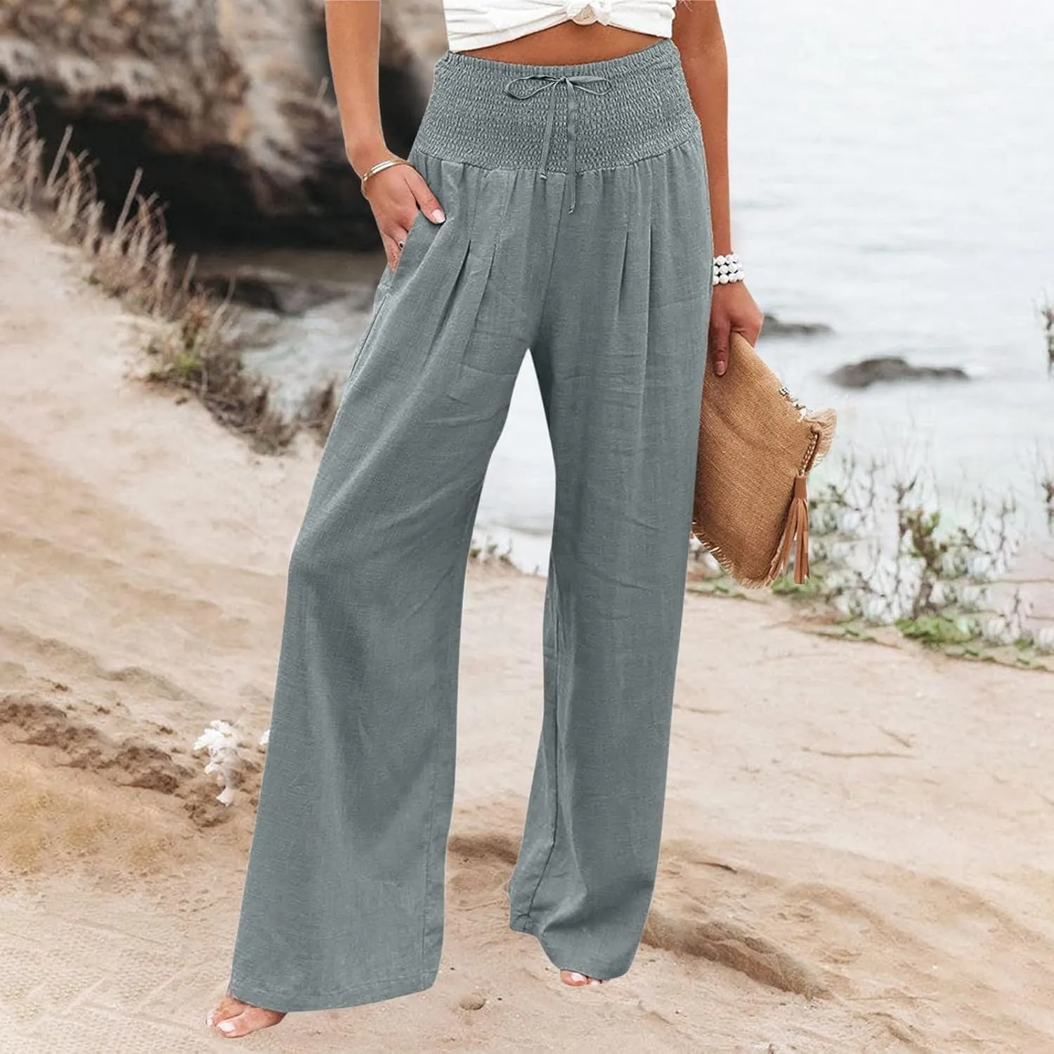 Women Linen Palazzo Pants Summer Boho Wide Leg High Waisted Casual Long Lounge Pants Beach Travel Vacation Trousers
