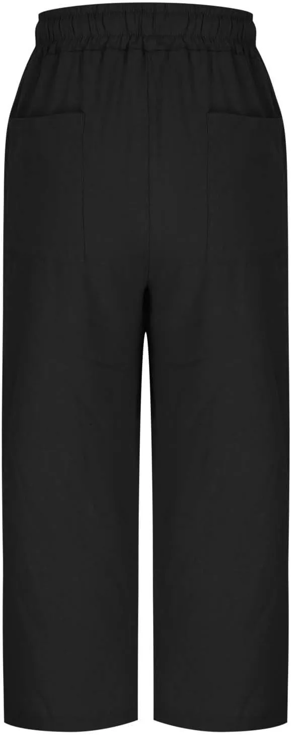 Women Summer Cotton Linen Capri Pants Plain Pant Elasticated Waist Cropped Trousers Loose Breathable Capris with Pocket