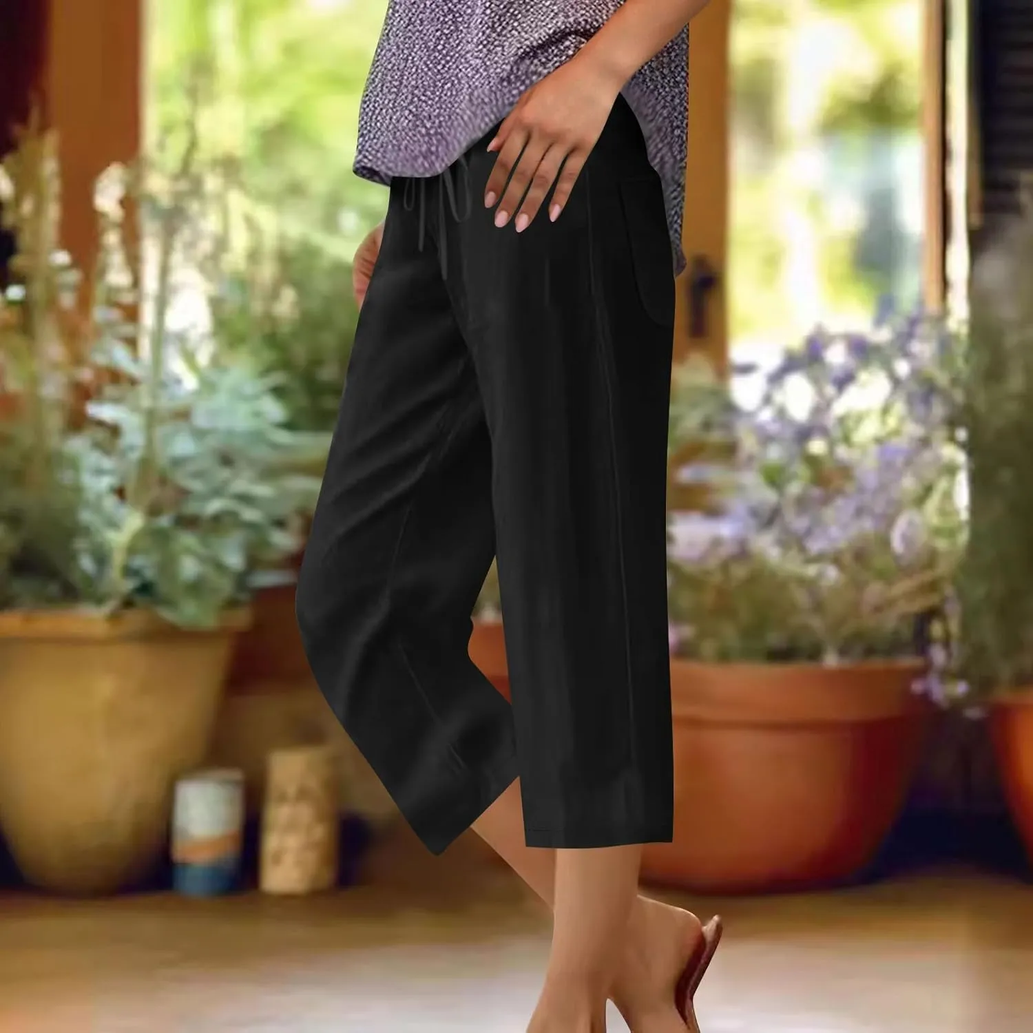 Women Summer Cotton Linen Capri Pants Plain Pant Elasticated Waist Cropped Trousers Loose Breathable Capris with Pocket