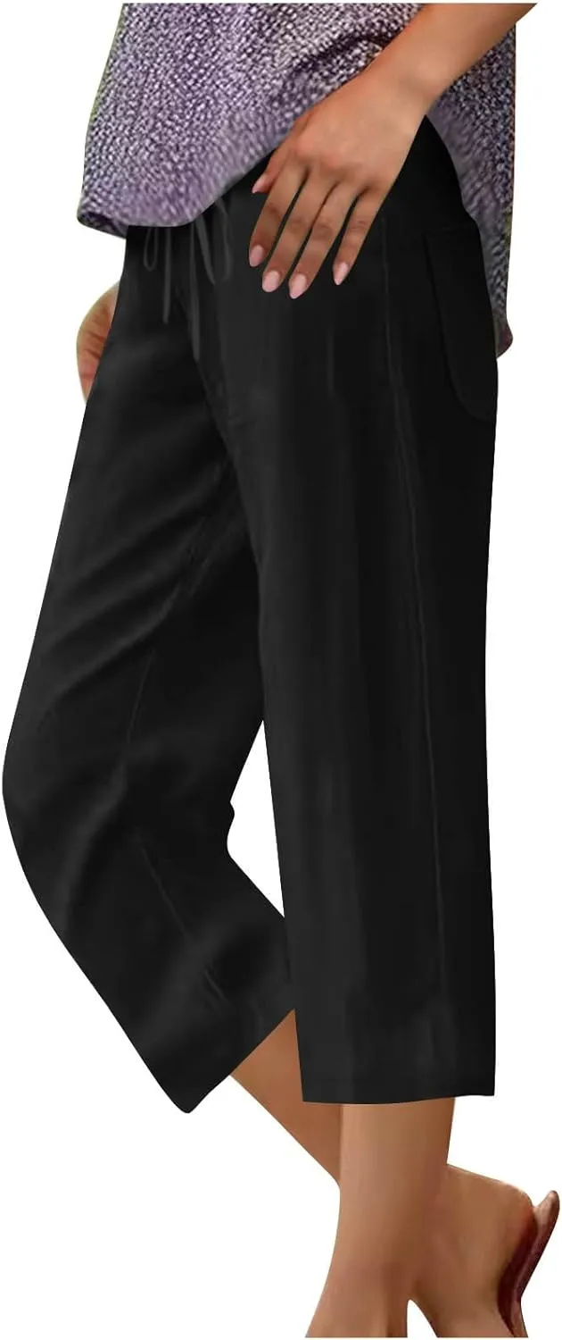 Women Summer Cotton Linen Capri Pants Plain Pant Elasticated Waist Cropped Trousers Loose Breathable Capris with Pocket
