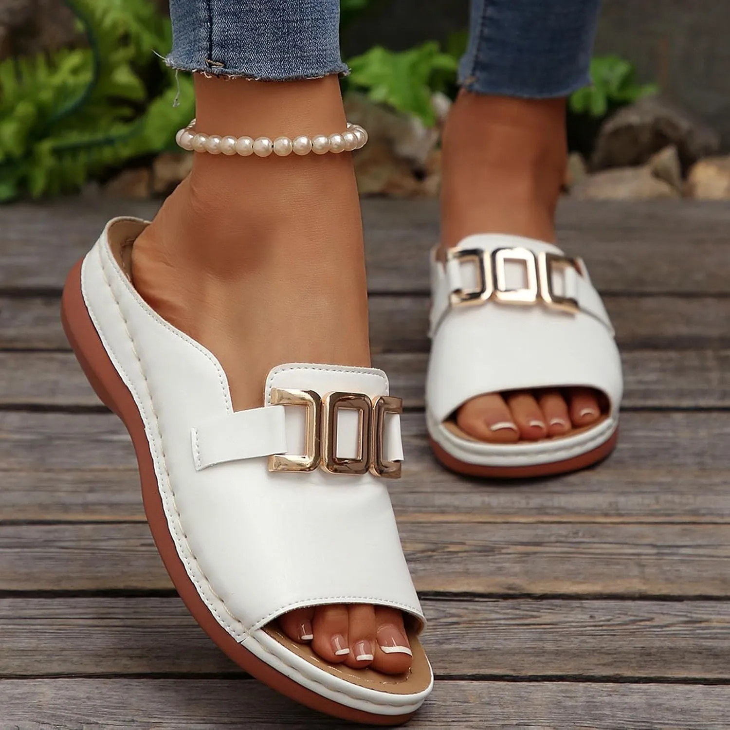 Women Summer Sandals Fish Mouth Slip On Slippers Comfortable Walking Shoes Casual Lightweight Open Toe Beach Sandals Simple Sandal