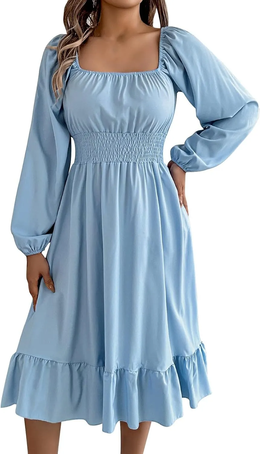 Women's 2025 Summer Casual Midi Dress Lantern Long Sleeve Square Neck Smocked Waist Ruffle Hem A-Line Flowy Dresses