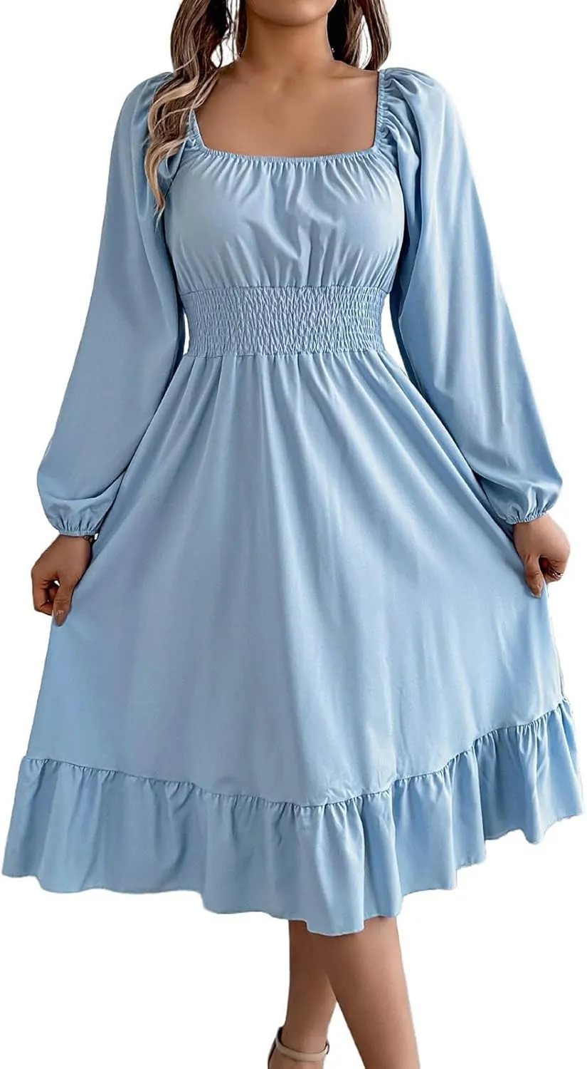 Women's 2025 Summer Casual Midi Dress Lantern Long Sleeve Square Neck Smocked Waist Ruffle Hem A-Line Flowy Dresses
