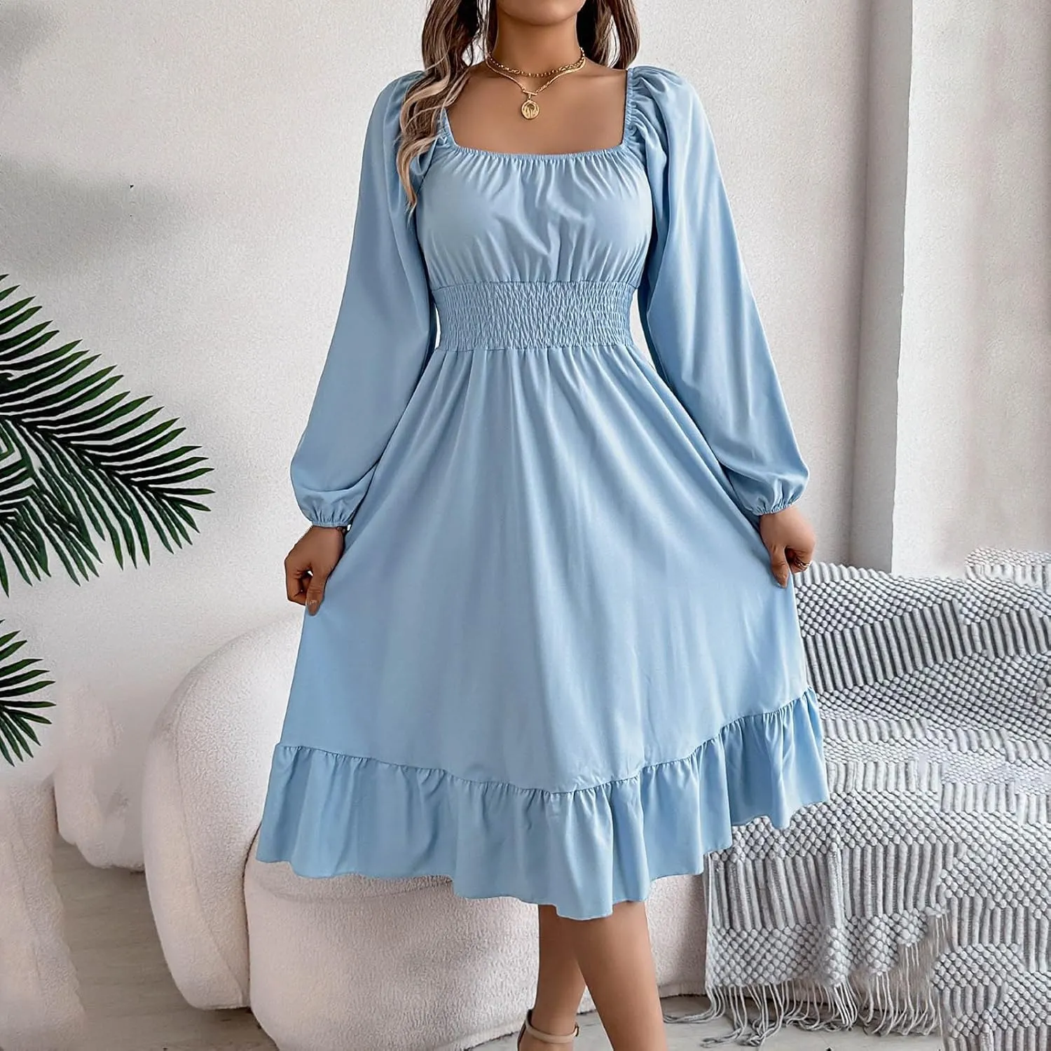 Women's 2025 Summer Casual Midi Dress Lantern Long Sleeve Square Neck Smocked Waist Ruffle Hem A-Line Flowy Dresses