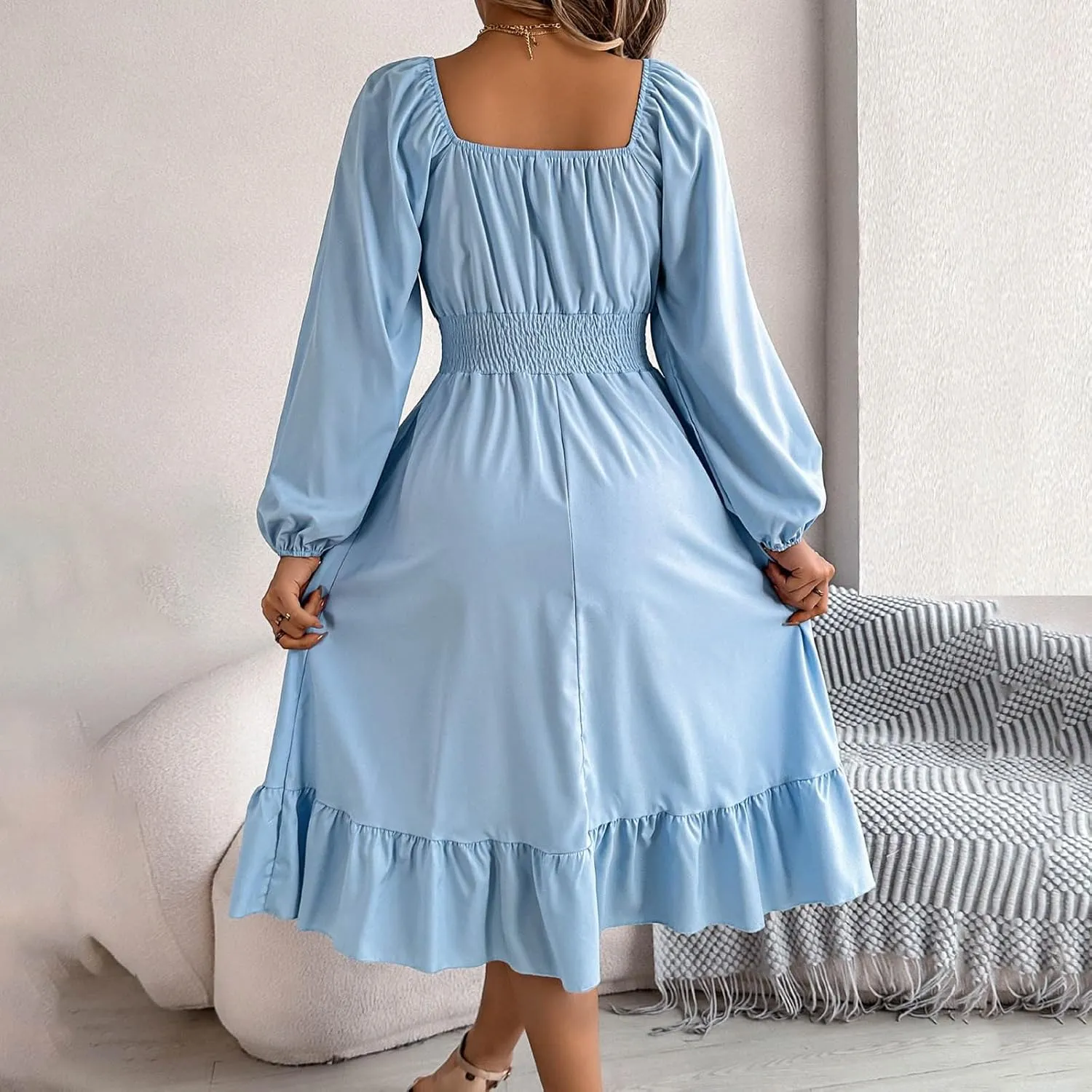 Women's 2025 Summer Casual Midi Dress Lantern Long Sleeve Square Neck Smocked Waist Ruffle Hem A-Line Flowy Dresses