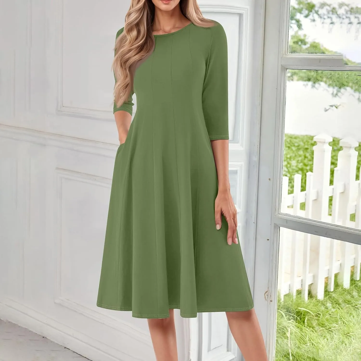 Women's 3/4 Sleeve A-line and Flare Midi Long Dress 2025 Spring Summer Casual Modest Petite Dresses